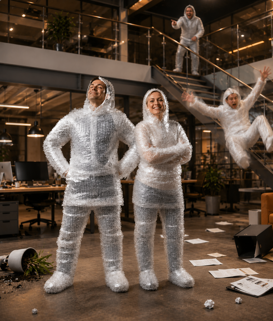 Kantoor met medewerkers in bubbelplastic, veiligheid lijkt geregeld, maar risico's blijven overal